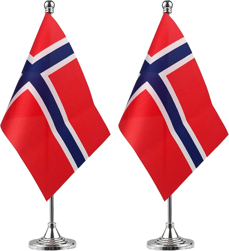 WXTWK 2 Pack Norway Flag Norwegian Desk Flag Small Mini Norwegian Table Flags With Stand Base,Home Office Festival Events Celebration Decorations - Image 1
